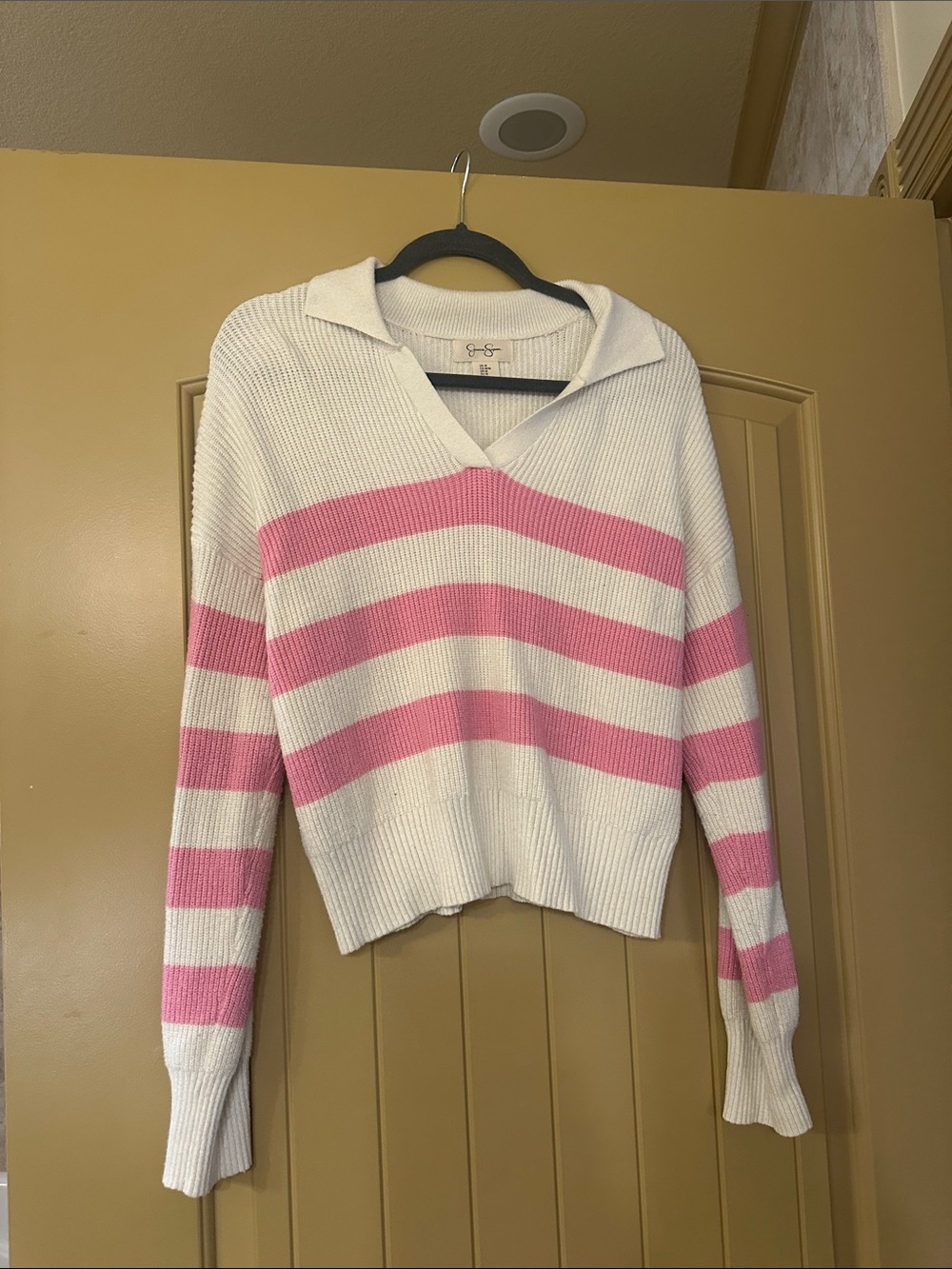 Jessica Simpson White & Pink Striped V-Neck Collared Sweater
